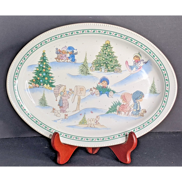 1996 Precious Moments Winter Scene Oval Platter Plate Dish 13 x 9.5" - Picture 1 of 8